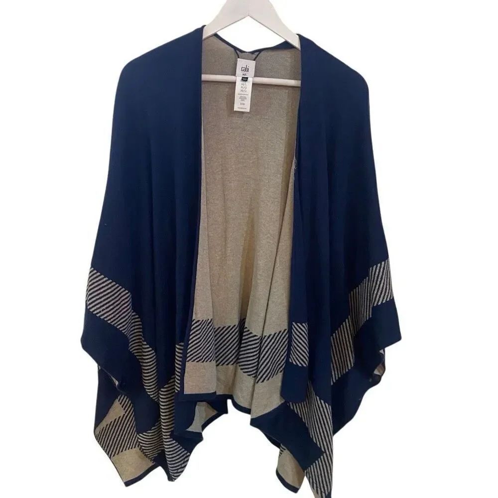 Cabi 3163 Reversible Wrap Sweater Poncho Kimono Cardigan blue beige neutrals one